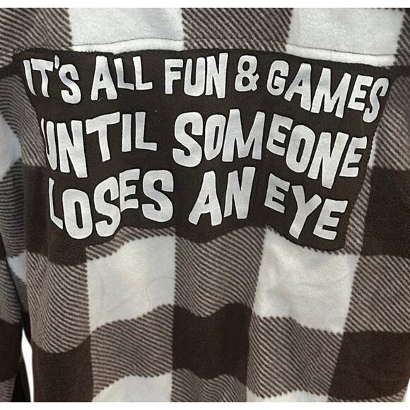 Plaid Fleece Button Up Crop Top MEDIUM All Fun Games Until Someone Loses An Eye - Picture 2 of 6